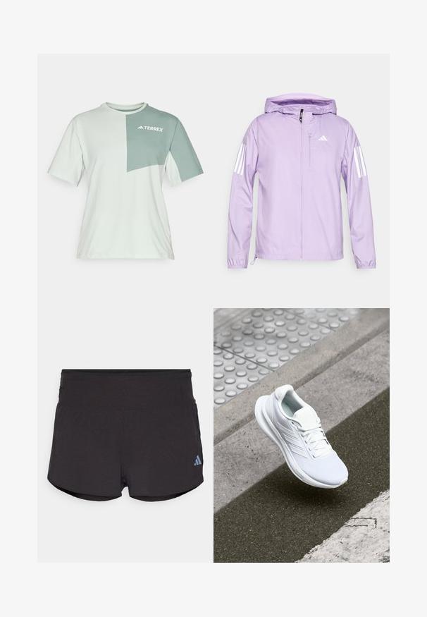 Svetlofialová ľahká bunda s kapucňou, s bielymi trojpruhovými akcentmi na rukávoch a predným zipsovým vreckom. Hladká textúra.; Svetlozelené tričko s krátkym rukávom, s tmavozelenou nášivkou a bielym logom "TERREX", vyrobené z mäkkého a priedušného materiálu.; Čierne športové šortky s textúrovaným povrchom, so širokým pásom a svetlomodrým logom Adidas na dolnej ľavej strane.; Biele športové topánky s vrchnou časťou z sieťoviny, šnurovacia konštrukcia a textúrovaná podrážka. Zosilnené značkovanie a čisté detaily konštrukcie sú viditeľné.