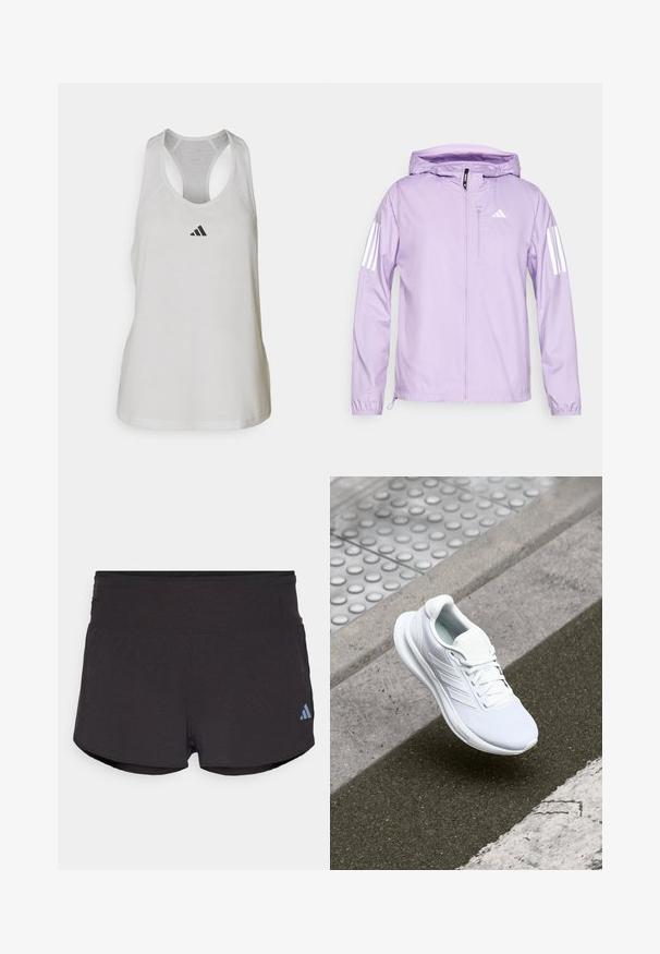 Světle fialová lehká bunda s kapucí, která má bílé třípruhé akcenty na rukávech a přední kapsu na zip. Hladká textura.; Bílý sportovní tílko vyrobené z lehkého materiálu s designem na zádech a malým černým logem na hrudi.; Černé sportovní šortky s texturovaným povrchem, které mají široký pás a na dolní levé straně světle modré logo Adidas.; Bílé sportovní boty s vrchní částí z síťoviny, šněrovacím designem a texturovanou podrážkou. Jemné logo a detaily bez švů jsou viditelné.