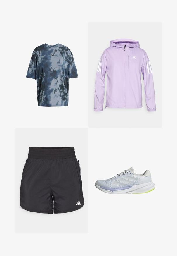 Lyse lilla letvægtsjakke med hætte, der har hvide tre-stribede detaljer på ærmerne og en lomme med lynlås foran. Glat tekstur.; T-shirt med kortærmer i blå og grå tie-dye mønster, blødt stof, rund hals, har et lille gråt logo på brystet.; Sorte atletiske shorts med elastisk talje, sidelommer og hvid stribeaccent på siderne. Fremstillet af letvægtsmateriale.; Hvid sportsko med en åndbar mesh-overdel, tekstureret design og lavendel accent. Har en polstret sål med grønne såldetaljer.