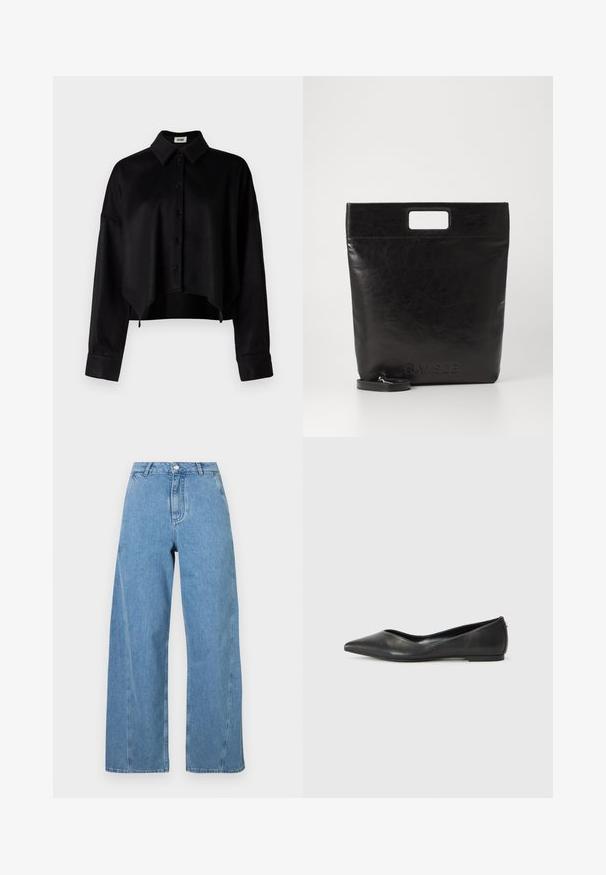 Dubbelzijdige trenchcoat van lichtgrijs stof, met voorzakken, schouderepauletten en opgerolde manchetten. Soepele textuur.; Zwarte ribgebreide trui met een hoge hals en een cropped ontwerp, met lange mouwen en een gestructureerde afwerking.; Zwarte geknipte button-up shirt met een kraag, met een gladde textuur, lange mouwen en een afgeronde zoom. Knopen zijn zwart.; Lichtblauwe wijde jeans gemaakt van denim, met een hoge taille, rechte snit en contrasterende stiksels langs de naden.; Zwarte leren ballerina met een spitse neus, lage hak en een gladde structuur. Minimalistisch ontwerp met een subtiele zijaccent.; Zwarte leren draagtas met een vierkant handvat, met een gestructureerde afwerking en een reliëflogo. Inclusief een afneembare schouderband.