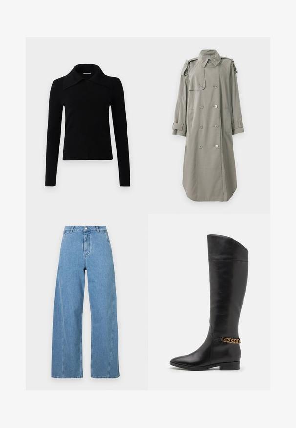 Dwurzędowy trencz w jasnoszarym kolorze, z przednimi kieszeniami, naramiennikami i podwiniętymi mankietami. Gładka tekstura.; Czarna bluzka z długim rękawem, wykonana z miękkiego materiału, z dużym, spiczastym kołnierzem i dopasowanym krojem. Gładka tekstura z minimalnymi detalami.; Jasnoniebieskie szerokie dżinsy z denimu, z wysokim stanem, prostym krojem i kontrastowym przeszyciem wzdłuż szwów.; Wysokie czarne skórzane botki o eleganckim designie, ze spiczastym noskiem i złotym łańcuszkiem na kostce. Niski blokowy obcas. Gładka tekstura.