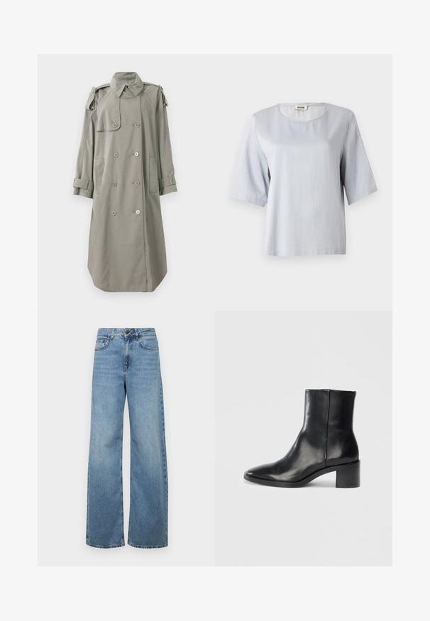 Impermeabil de tip trench cu două rânduri de nasturi, din țesătură gri deschis, dotat cu buzunare frontale, epauleți la umeri și manșete răsucite. Textură netedă.; Bluză scurtă cu mâneci, de culoare gri deschis, cu decolteu rotund, realizată dintr-un material moale. Design simplu, cu o croială lejeră, având margini curate și fără aplicații.; Jeans largi de culoare albastru deschis, din denim, cu talie înaltă, buzunare frontale și un design clasic cu cinci buzunare, având o decolorare subtilă.; Bocanci negri din piele, cu varf ascutit, toc mic tip bloc si logo embosat subtil. Textura neteda, cu un design elegant si cusaturi minime.