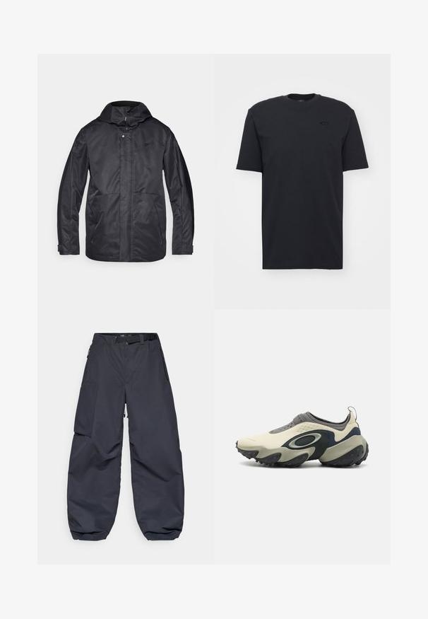Czarna wodoodporna kurtka z kapturem, dwoma przednimi kieszeniami, zapięciem na zamek i miękką teksturą. Posiada subtelne logo na klatce piersiowej.; Czarna bawełniana koszulka z krótkim rękawem o okrągłym dekolcie, z subtelnym akcentem logo na klatce piersiowej i luźnym krojem.; Ciemnoszare spodnie cargo wykonane z miękkiego, trwałego materiału. Mają szeroki, luźny krój, wiele kieszeni oraz pasek w talii do regulacji.; Oakley EDGE ICON biały