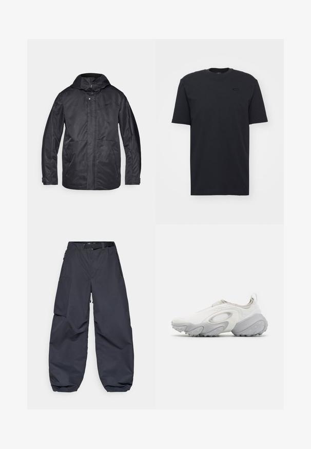 Melnā ūdensnecaurlaidīgā jaka ar kapuci, divām priekšējām kabatām, rāvējslēdzēja aizdari un mīkstu tekstūru. Uz krūtīm ir smalks logotips.; Melna kokvilnas T-kreklu ar īsām piedurknēm un apļa kakla izgriezumu, ar diskrētu logotipa akcentu uz krūšu daļas un brīvu piegriezumu.; Tumši pelēki cargo bikses, kas izgatavotas no mīkstas, izturīgas auduma. Tām ir plata, brīva piegriezuma forma, vairākas kabatas un josta gurniem, lai pielāgotu apģērbu.; Gludena balta sporta kurpe ar gludu virsu, pelēkiem akcentiem, noapaļotu formu, strukturētu zoli un bez redzamām auklām, kas nodrošina vieglu uzvilkšanu.