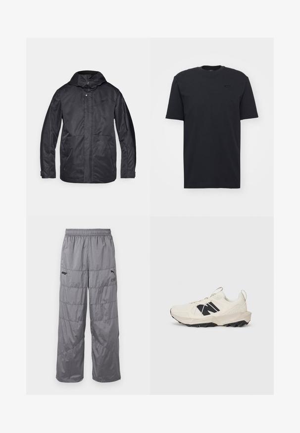 Čierna nepremokavá bunda s kapucňou, dvoma prednými vreckami, zipsovým zapínaním a jemnou textúrou. Na hrudi sa nachádza diskrétne logo.; Čierne bavlnené tričko s krátkym rukávom a okrúhlym výstrihom, s nenápadným logom na hrudi a voľným strihom.; Sivé nafúknuté nohavice s elastickým pásom, s prešívaným dizajnom a malým čiernym logom na ľavom stehne. Ľahký materiál.; Svetlo béžové tenisky s vrchnou časťou z mäkkého materiálu, čiernym logom a textúrovanou podrážkou. Doplněné geometrickým vzorom na strednej podrážke.