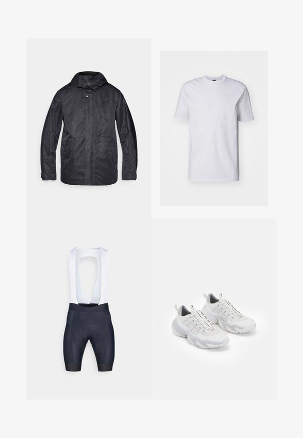 Černá nepromokavá bunda s kapucí, dvěma předními kapsami, ZIP uzavřením a měkkou texturou. Obsahuje decentní logo na hrudi.; Bílá bavlněná tričko s krátkým rukávem a kulatým výstřihem. Na hrudi má malé, nenápadné logo světle modré barvy. Hladká textura.; Pánské cyklistické šortky s bílými ramínky, vyrobené z elastického materiálu; námořnická barva s polstrovaným sedlem pro pohodlí a minimem švů.; Bílé sportovní boty s síťovinovým svrškem, šedými akcenty, strukturovanou gumovou podrážkou a poutky na patě; obsahují šněrovací design.