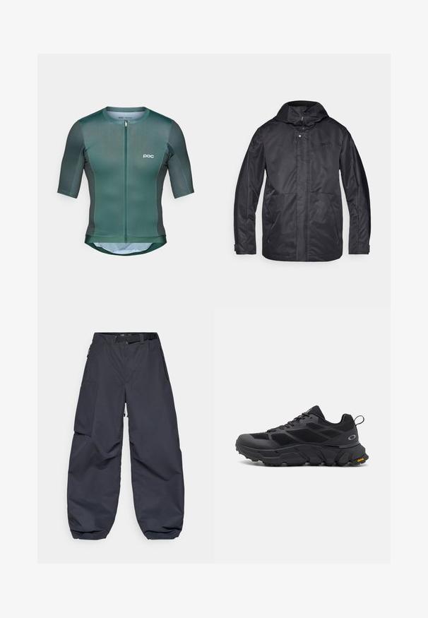 Černá nepromokavá bunda s kapucí, dvěma předními kapsami, ZIP uzavřením a měkkou texturou. Obsahuje decentní logo na hrudi.; Krátký rukáv cyklistický dres v tmavě zelené látce s hladkou texturou, obsahuje přední zip a bílé logo na hrudi.; Tmavě šedé cargo kalhoty vyrobené z měkkého, odolného materiálu. Mají široký, volný střih, několik kapes a pásek na úpravu pasu.; Černé sportovní boty s mohutnou podrážkou, svrškem z materiálu síťoviny a syntetiky, texturovanými detaily a značením Vibram na podrážce.