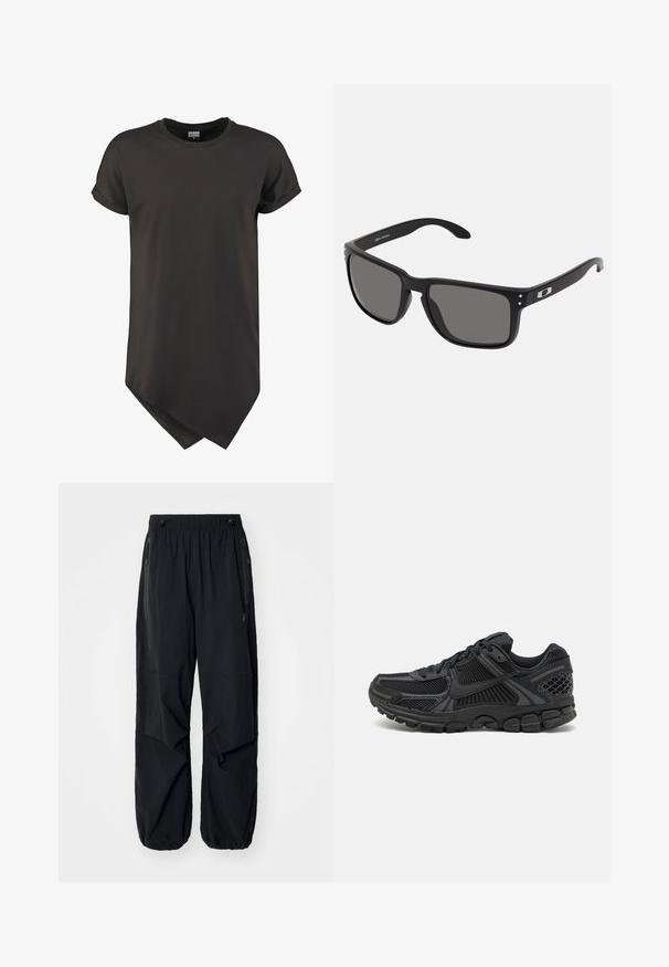 Mustara veekindel jope kapuutsiga, kahe eesmine tasku, lukuga sulgemine ja pehme tekstuur. Rinnal on peen logo.; Must värvitooniga lühikeste varrukatega T-särk, mis on valmistatud siledast kangast. Särgil on kaarjas alläär ning lõdva lõikega, millel on üleskeeratud varrukad.; Mustad mustad cargo püksid elastse vöökoha, külgzippide ja avarate taskutega. Omab laia lõiget ja kitsenevaid sääreotsasid.; Musta spordijalats, millel on võrgust ülemine osa, kummist tallad ja tekstureeritud detailid. Disain sisaldab silmapaistvat lõngasüsteemi ja pehmendatud tallaid.; Mustad mustekad prillid paksu plastikkorviga, tumedate hallide objektiivide ja peente metallaktsentidega käepidemetel. Kaarjas kuju sujuva tekstuuriga.