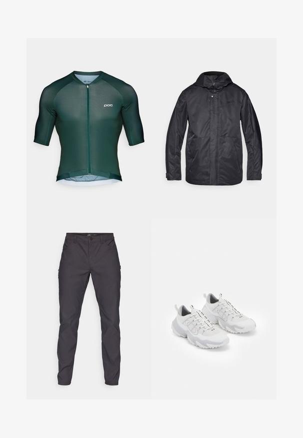 Crna vodootporna jakna s kapuljačom, dva prednja džepa, zatvaranje na patentni zatvarač i mekanu teksturu. Ima suptilan logo na prsima.; Tamnozeleni biciklistički dres s kratkim rukavima, prednjim zatvaračem i suptilnim logotipom. Izrađen od laganog, prozračnog materijala.; Tamno sivi cargo hlače s glatkom teksturom, s prednjim džepovima i bočnim džepom; pojas osiguran kopčom na dugme.; Bijele atletske cipele s mrežastom gornjištu, siva akcenta, teksturirana gumena potplat i trake na peti; imaju dizajn s vezicama.