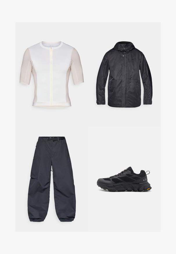 Zwarte waterdichte jas met capuchon, twee voorzakken, ritsluiting en een zachte structuur. Beschikt over een subtiele logo op de borst.; Korte mouw fietsshirt in wit en lichtbeige, met een ritssluiting aan de voorkant, een gladde textuur en subtiele logo-details op de borst.; Donkergrijze cargobroeken van een zachte, duurzame stof. Ze hebben een brede, losse pasvorm, meerdere zakken en een tailleband voor aanpassing.; Zwarte sportschoenen met een stevige zool, een bovenwerk van mesh en synthetisch materiaal, getextureerde accenten en Vibram-branding op de buitenzool.