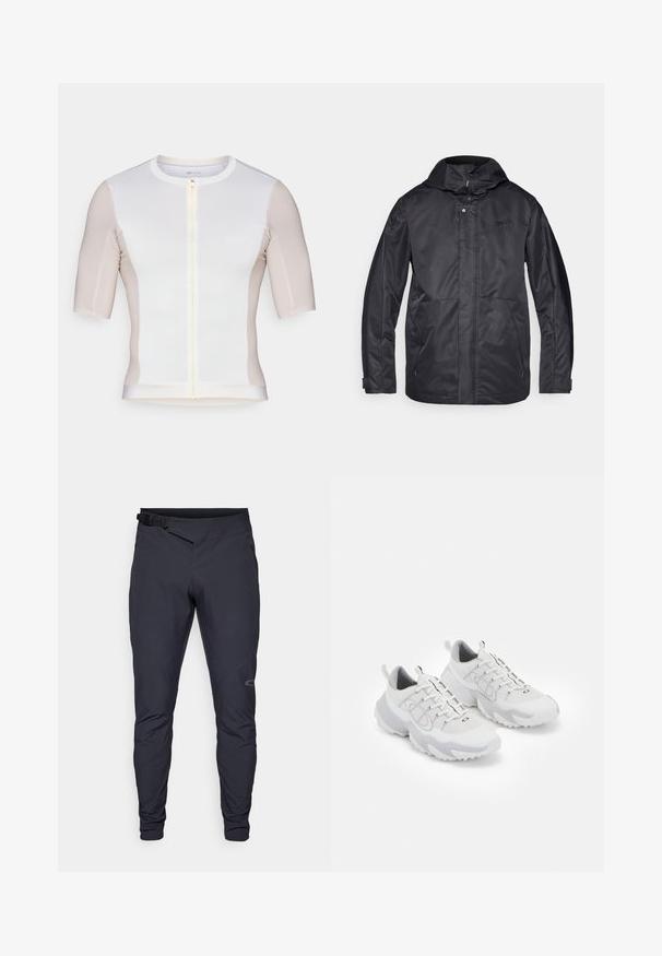 Veste imperméable noire avec capuche, deux poches avant, fermeture éclair et texture douce. Présente un logo subtil sur la poitrine.; Maillot de cyclisme à manches courtes en blanc et beige clair, avec une fermeture éclair à l'avant, une texture lisse et un logo discret sur la poitrine.; Pantalons de sport gris foncé avec un design fuselé, dotés d'une poche zippée à l'avant, d'une taille ajustable et d'un logo discret sur la jambe gauche.; Chaussures de sport blanches avec une tige en mesh, des accents gris, une semelle en caoutchouc texturée et des languettes à l'arrière ; elles affichent un design à lacets.