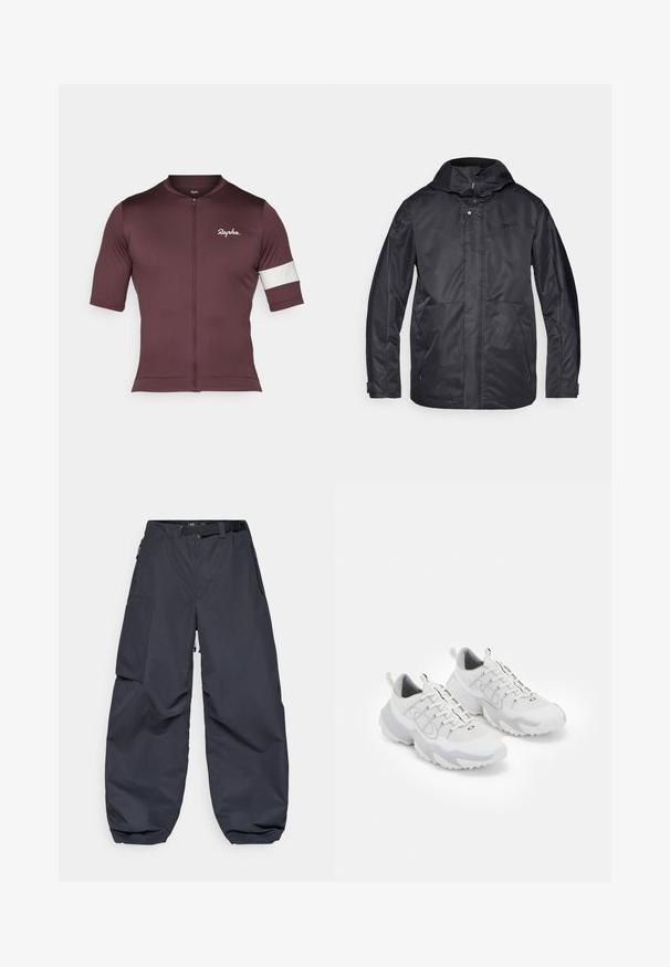 Juoda vandeniui atspari striukė su kapišonu, dviem priekinėmis kišenėmis, užtrauktuku ir minkšta tekstūra. Ant krūtinės yra diskretiškas logotipas.; Burgundiškas dviratininko džemperis, pagamintas iš kvėpuojančios medžiagos, su trumpu užtrauktuku, trumpomis rankovėmis ir baltomis dryžuotomis detalėmis ant rankos.; Tamsiai pilki krovinių šortai, pagaminti iš minkštos, patvarios medžiagos. Juose yra platus, laisvas kirpimas, daugybė kišenių ir reguliuojama juosmens juosta.; Baltos sportinės bateliai su akių medžiaga, pilkiais akcentais, tekstūruotu guminio pado ir pakėlimo juostelėmis ant kulno; turi raištelių užsegimą.