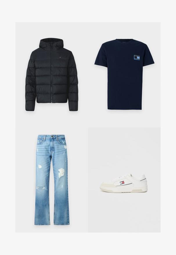 Must must jakk, millel on kapuuts, koos tikitud osadega, täieliku lukuga ees ja väikese logoga vasakul ülal. Pehme, tekstureeritud kangas.; Tumedat sinine puuvillane T-särk lühikeste varrukatega, millel on väike rinna graafika helesinise ja valge värviga ning tekst "TOMMY JEANS". Klassikaline lõige.; Heledad sinine teksapüksid sirge lõikega, millel on rebenenud detailid ja kulunud viimistlus. Sisaldab metallnuppu ja viit taskut.; Valged sneakerid sileda nahkjalatsiga ja sametise toe cap'iga, millel on küljel väike punane, valge ja sinine logo ning tekstureeritud tallad.