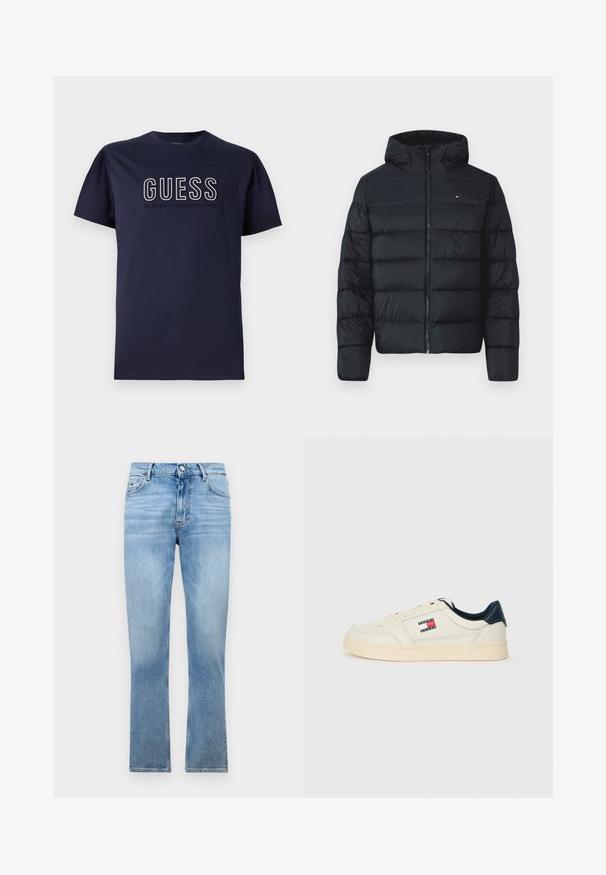 Jachetă puf cu glugă de culoare neagră, cu secțiuni matlasate, fermoar complet în față și un logo mic în colțul din stânga sus. Material moale, texturat.; Tricou din bumbac de culoare bleumarin, cu mâneci scurte, având un logo "GUESS" reliefat și textul "CLASSIC AMERICAN STYLE" în alb și gri. Design simplu.; Tommy Jeans DAD REGULAR - Blugi loose fit - denim light; Adidași din piele albă crem cu tocul și limba în albastru închis, având un patch cu logo în roșu, alb și albastru pe lateral.