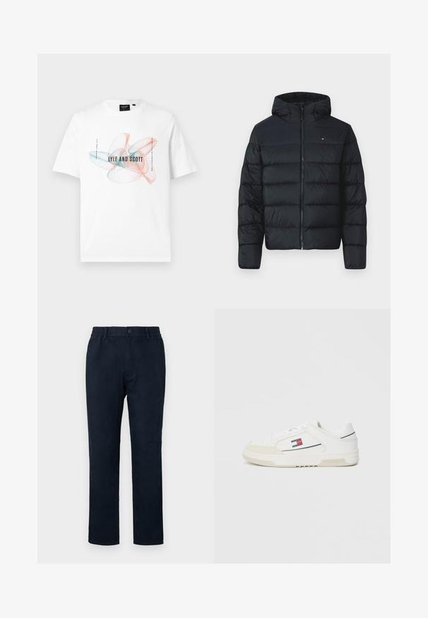 Chaqueta de plumas negra con capucha, que presenta secciones acolchadas, cierre completo de cremallera y un pequeño logo en la parte superior izquierda. Tejido suave y texturizado.; Camiseta de algodón blanca con un gráfico colorido en espirales azules y naranjas, con texto centrado que dice "LYLE AND SCOTT" y un diseño de cuello redondo.; Chinos navy con cintura elástica, cierre frontal de botón y diseño de pierna recta. Textura suave sin patrones visibles.; Zapatillas blancas con parte superior de cuero suave y puntera de ante, con un pequeño logo rojo, blanco y azul en el lateral y suela texturizada.
