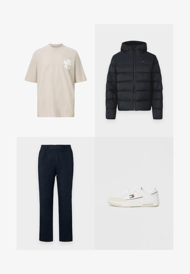 Crna puf jakna s kapuljačom, s okovanim dijelovima, punim patentnim zatvaračem sprijeda i malim logotipom na gornjem lijevom dijelu. Mekana, teksturirana tkanina.; Bež majica kratkih rukava pretjerane veličine s bijelim apstraktnim logotipom na lijevoj strani prsnog dijela.; Mornarsko plave chino hlače s elastičnom trakom u struku, prednjim gumbom i ravnim krojem. Glatka tekstura bez vidljivih uzoraka.; Bijele tenisice s glatkom kožnom gornjom i nubuk vrhom, sa malim crvenim, bijelim i plavim logom sa strane i teksturiranom potplatom.