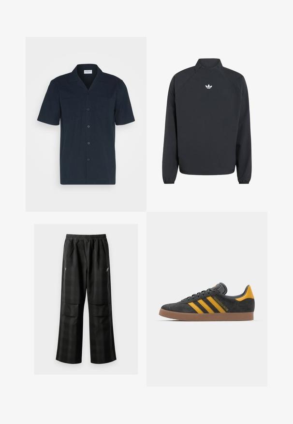 Svart genser med høy krage, lange ermer, elastiske mansjetter og en hvit Adidas trefoil-logo på brystet.; Kortermet skjorte i mørk marineblå med strukturert stoff, enkel brystlomme, knappelukking foran og klassisk kragedesign.; Svarte rutete bukser med elastisk midje, to frontlommer og løs passform med rett ben-design. Laget av lett materiale.; Sort skinnesko i svart semsket skinn med gule detaljer, med tre striper og en brun gummisåle. Inkluderer en polstret tunge for komfort.
