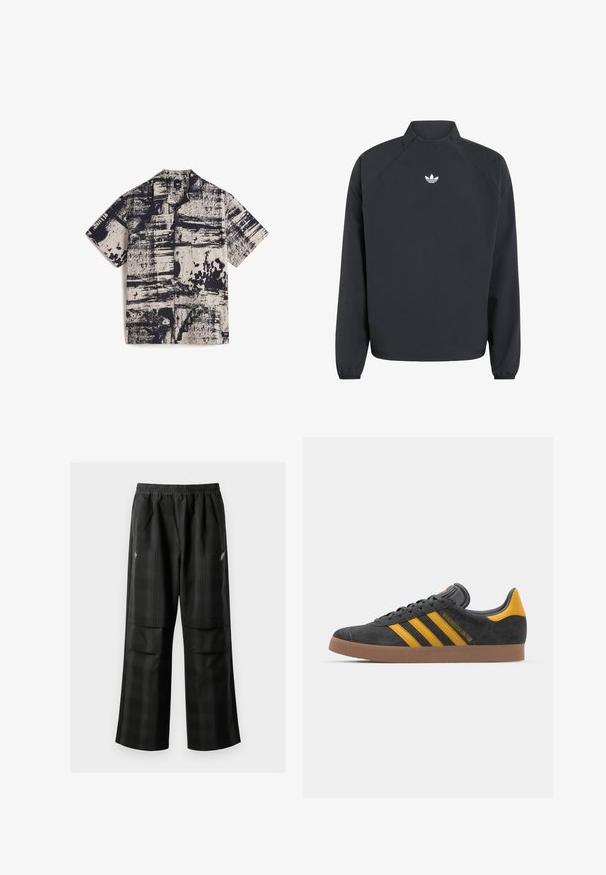 Felpa nera con collo alto, maniche lunghe, polsini elasticizzati e logo trefoil bianco Adidas sul petto.; Vans Camicia - medium brown; Pantaloni a quadri neri con vita elasticizzata, due tasche frontali e una vestibilità ampia con design a gamba dritta. Realizzati in materiale leggero.; Sneaker in suede nero con dettagli gialli, dotato di tre strisce e una suola in gomma marrone. Include una linguetta imbottita per il comfort.