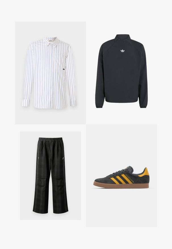 Svart genser med høy krage, lange ermer, elastiske mansjetter og en hvit Adidas trefoil-logo på brystet.; Hvit skjorte med lange ermer og tynne blå vertikale striper, knappekrage, enkelt brystlomme og foldbare mansjetter. Glatt stofftekstur.; Svarte rutete bukser med elastisk midje, to frontlommer og løs passform med rett ben-design. Laget av lett materiale.; Sort skinnesko i svart semsket skinn med gule detaljer, med tre striper og en brun gummisåle. Inkluderer en polstret tunge for komfort.