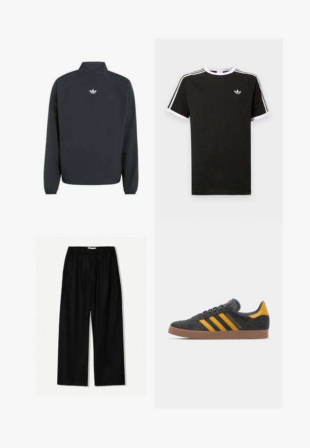Zwart sweatshirts met hoge kraag, lange mouwen, elastische boorden en een wit Adidas trefoil-logo op de borst.; Zwarte T-shirt van katoen met witte accenten. Beschikt over korte mouwen, raglanontwerp en een klein logo op de borst. Drie witte strepen op de schouders.; Zwarte linnen broeken met wijde pijpen en een elastische tailleband, voorzien van zijzakken en een gladde textuur voor comfort en ademend vermogen.; Zwarte suède sneakers met gele accenten, voorzien van drie strepen en een bruine rubberen zool. Inclusief een gevoerde tong voor comfort.
