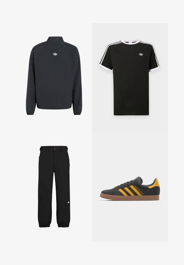 Sweatshirt preto com gola alta, mangas longas, punhos elásticos e um logótipo trefoil branco da Adidas no peito.; T-shirt preta feita de algodão com detalhes em branco. Apresenta mangas curtas, design raglan, e um pequeno logótipo no peito. Três riscas brancas nos ombros.; Calças pretas feitas de tecido leve, com um corte solto, punhos elásticos, passadores de cinto e um pequeno logótipo colorido na parte inferior da perna.; Tenis em camurça preta com detalhes amarelos, apresentando três riscas e uma sola de borracha castanha. Inclui uma língua acolchoada para maior conforto.