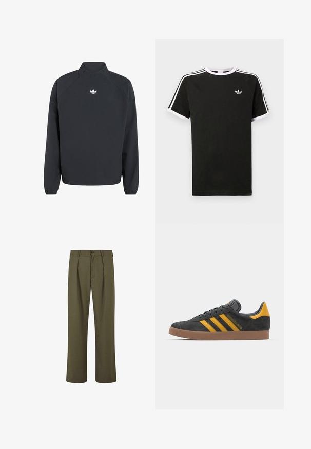 Must must kokku tõmme kõrge kaelusega, pikkade varrukatega, elastsete mansettidega ja valge Adidas trefoil logo'ga rinnal.; Must mustvalge T-särk, millel on valged detailid. Lühikesed varrukad, raglani disain ja väike logo rinnal. Õlgadel kolm valget triipu.; Oliivrohelised püksid, millel on kohandatud lõige, ees plisseeringud, nööpkinne ja sirged sääred. Sile kangatekstuur.; Mustad sametist spordijalatsid kollaste aktsentidega, millel on kolm triipu ja pruun kummitald. Mugavuse tagamiseks on neil pehmendatud keele osa.