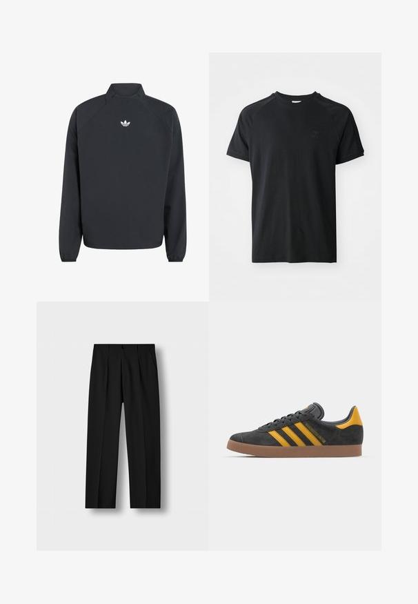 Melna puloverjakas ar augstu apkakli, garām piedurknēm, elastīgām aprocēm un baltu Adidas trefoil logu uz krūtīm.; Melnā kokvilnas T-krekls ar apaļu kakla izgriezumu, īsām piedurknēm un raglanu dizainu. Uz kreisā krūtīm ir uzraksts ar tekstūru. Gluda apdare.; Melnas bikses no strukturēta auduma ar bļodiņām, priekšējo pogu aizdari un sānu kabatām. Taisna kāja ar piegriezumu.; Melnas zamšādas kedas ar dzelteniem akcentiem, kurām ir trīs svītras un brūna gumijas zole. Iekļauta mīksta valkāšanas tongue komfortam.