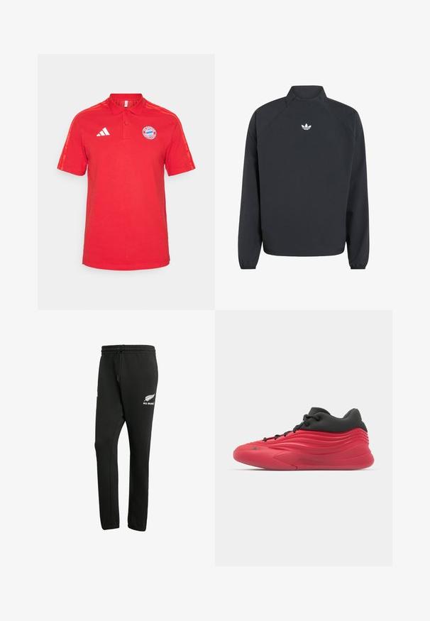 Crni pulover s visokim ovratnikom, dugim rukavima, elastičnim manžetama i bijelim Adidas trefoil logom na prsima.; Crvena pamučna polo majica s ovratnikom, kratkim rukavima, tri bijele pruge na ramenima i logotipom Bayerna na prsima.; Crne trenirke od mješavine pamuka, s elastičnom gumom u struku i čipkom za stezanje, te bijelim "All Blacks" logotipom na lijevom nogavici.; Crvene atletske tenisice s teksturiranim dizajnom, s crnim gornjim dijelom, glatkim gumeni potplat i vezicama. Istaknute horizontalne pruge sa strane.