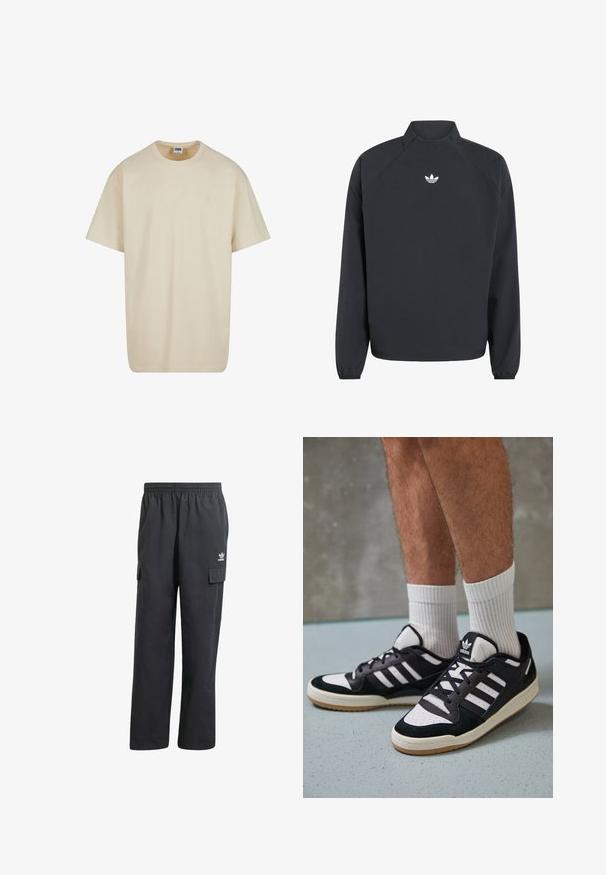 Juodas megztinis su aukštu apykakle, ilgomis rankovėmis, elastingu rankogaliu ir baltu Adidas trefoil logotipu ant krūtinės.; Šviesiai ruda medvilninė marškinėliai su apykakle, trumpomis rankovėmis ir laisvu siluetu. Pasirinkta paprasta dizaino koncepcija, be raštų ar akcentų.; Juodų cargo kelnių su elastine juosta, dviem šoninėmis kišenėmis ir subtiliu logotipu kairėje šlaunyje. Pagaminta iš lengvos medžiagos.; Juodos ir baltos sportinės bateliai su zomšiniu ir odiniu viršumi, su trimis baltomis juostelėmis, perforuota koja ir guminėmis padais.