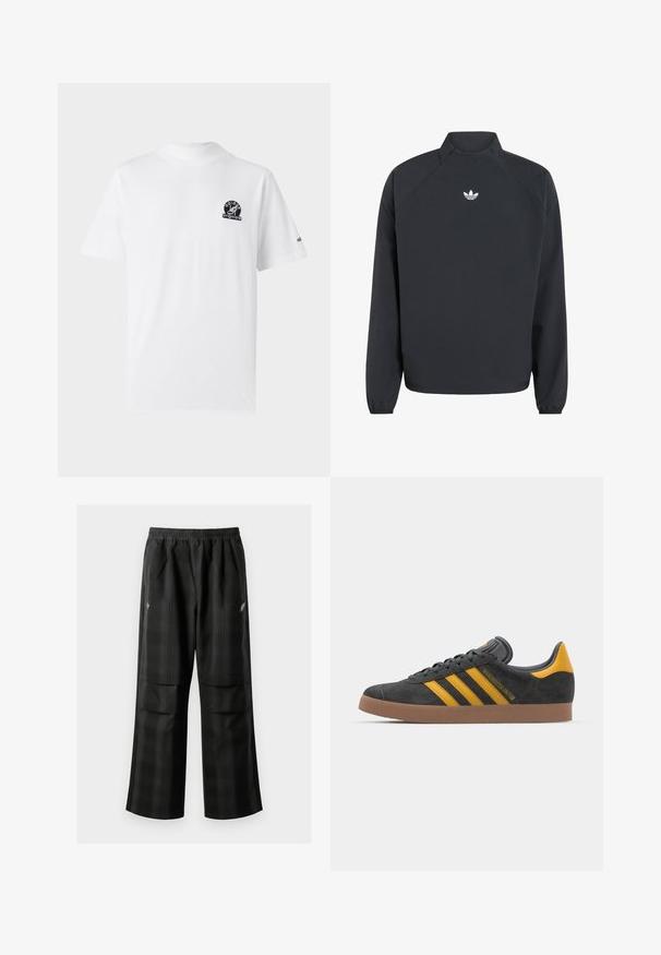 Juodas megztinis su aukštu apykakle, ilgomis rankovėmis, elastingu rankogaliu ir baltu Adidas trefoil logotipu ant krūtinės.; Balta medvilninė marškinėliai su trumpomis rankovėmis. Kairėje krūtinės pusėje yra juodas logotipas, o dešinėje rankovėje - mažas logotipas. Klasikinis kirpimas.; Juodos languotos kelnės su elastingu juosmeniu, dviem priekinėmis kišenėmis ir laisvu tiesiu kirpimu. Pagamintos iš lengvos medžiagos.; Juodas zomšinės sportbačiai su geltonais akcentais, turintys tris juosteles ir rudą gumos padą. Apima paminkštintą liežuvėlį patogumui.