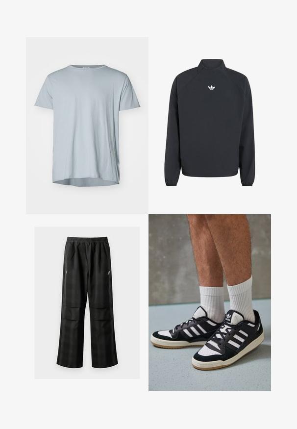 Svart genser med høy krage, lange ermer, elastiske mansjetter og en hvit Adidas trefoil-logo på brystet.; Filippa K ROLL NECK TEE - T-shirts - thunderstorm; Svarte rutete bukser med elastisk midje, to frontlommer og løs passform med rett ben-design. Laget av lett materiale.; Sorte og hvite sneakers med overdel i semsket skinn og lær, med tre hvite striper, perforert tå og en såle av gummi.