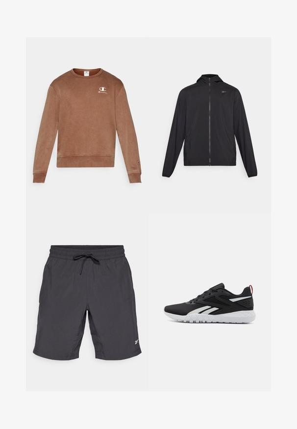 Svart lett jakke, hel glidelås, med hette, lange ermer, elastiske mansjetter, glatt tekstur, med en liten logo på øvre venstre bryst.; Brun bomulls genser med rund hals og ribbet mansjetter og nederkant, med en liten hvit Champion-logo på venstre bryst. Myk tekstur.; Svart treningshorts med elastisk midjebånd og snøring. Glatt stoff, kne-lengde, med en liten hvit logo på nederste høyre side.; Sorte sportsko med mesh-overdel, hvite detaljer, teksturert såle og en rød hæltab for ekstra detaljer.