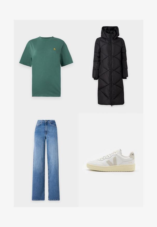 Casaco longo preto acolchoado com capuz, apresentando costuras diagonais, dois bolsos laterais com fecho zíper e punhos com nervuras. Tecido liso, resistente à água.; T-shirt de algodão em teal com mangas curtas, gola redonda e um pequeno logótipo amarelo no lado esquerdo do peito. Textura suave e corte descontraído.; Jeans de perna larga azul claro feitos de denim, com cintura alta, bolsos frontais e fecho de botão padrão. Textura suave.; Sapatilha de couro branca com detalhes em camurça bege, biqueira perfurada, atacadores planos e sola texturizada creme. Apresenta uma marcação subtil no calcanhar.