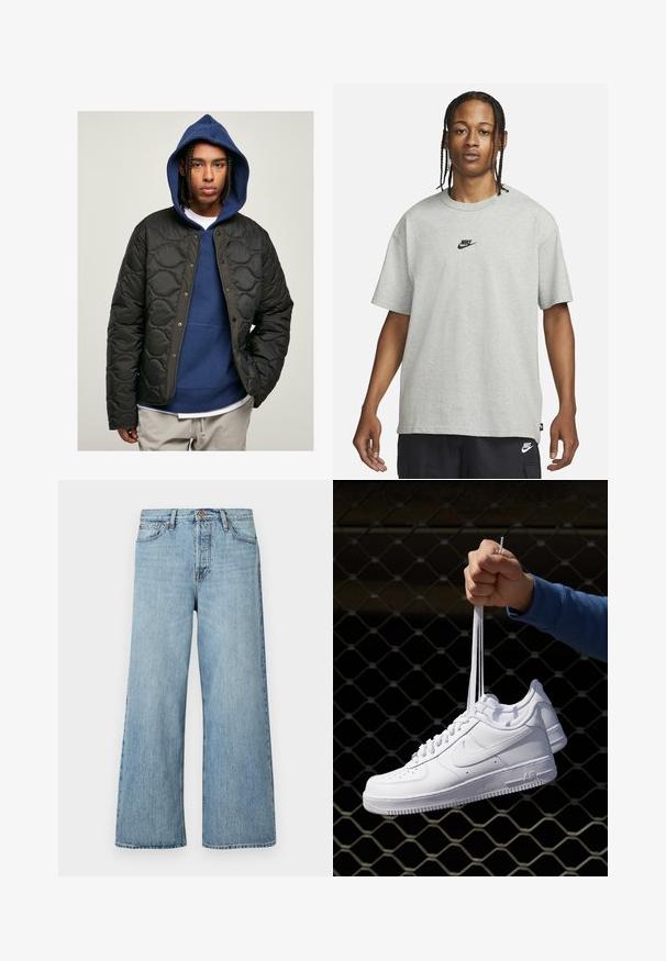 Chaqueta negra acolchada con acabado brillante y botones a presión, llevada sobre un sudadera con capucha azul. El modelo tiene el cabello trenzado.; Joven con cabello trenzado que lleva una camiseta Nike gris claro y pantalones cortos Nike negros frente a un fondo blanco liso.; Jeans de pierna ancha de color azul claro, fabricados en denim, con cierre de botón, un ligero desvanecimiento y diseño estándar de cinco bolsillos.; Zapatillas de cuero blanco con perforaciones, punta redonda, suela plana y cordones gruesos, con un logo de swoosh visible y "AIR" en el talón.