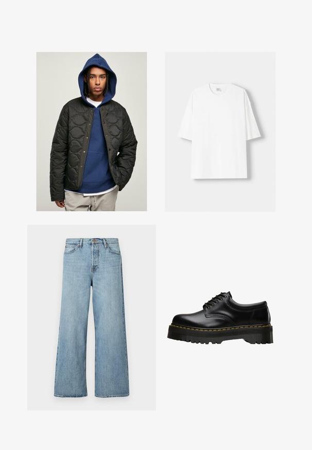 Jachetă neagră, matlasată, cu un finisaj lucios și nasturi snap, purtată peste un hanorac albastru cu glugă. Modelul are părul împletit.; Tricou alb cu mânecă scurtă, confecționat din bumbac, cu un decolteu rotund și o croială lejeră. Textură netedă, fără modele sau accente vizibile.; Jeans largi de culoare albastră deschisă, confecționați din denim, cu închidere prin nasture, ușor decolorate și design standard cu cinci buzunare.; Pantofii din piele neagră, cu șireturi, au o talpă groasă din cauciuc negru, zimțată, și cusături galbene pe margine, având un finisaj neted.