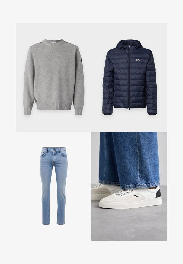 Tamsiai mėlynas pūkinis švarkas su kapišonu, turintis horizontalius siūlus, užtrauktuką priekyje ir EA7 ženklą kairėje krūtinės pusėje.; Pilkos megztinis su raštuota tekstūra, apvalia iškirpte ir kontrastingomis detalėmis ant pečių. Riešai taip pat su raštu.; Šviesiai mėlynos džinsinės kelnės su siauromis kojomis, penkiais kišenėmis ir tiesiomis kojomis. Su užtrauktuku ir diržo kilpomis. Švelnus paviršius.; Balti ir balti sportbačiai su lygaus odos paviršiumi, tekstūruotais akcentais ir masyviu baltu padu. Turi klasiką primenančią raištelių užsegimo sistemą.