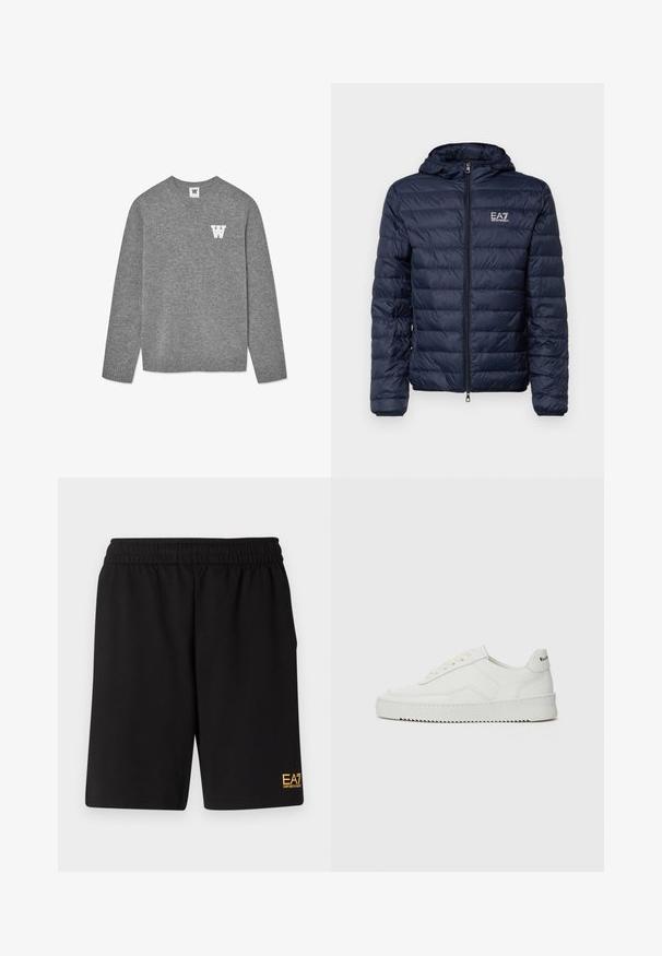 Tumesinine puffer-jakk kapuutsiga, millel on horisontaalsed tikitud sektsioonid, ees lukuga ja EA7 bränding vasakul rinnal.; Hallide hallkootud sviiter, millel on ümar kaelus ja soonikkoes varrukate otsad. Vasakul rinnal on tikkitud valge täht "W". Pehme tekstuur.; Mustad mustad lühikesed püksid, mis on valmistatud pehmest kangast. Omavad elastset vöökohta ja väikest kollast EA7 logo vasakul jalal.; Valge nahast tennis, millel on sile põhi, ümar varvas, lamedad nöörid ja tekstuuriline tall. Sisaldab diskreetset logo kontsaribal.