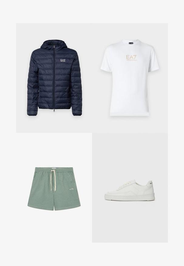 Navy puffer jacket with hood, featuring horizontal quilted sections, front zipper, and EA7 branding on the left chest area.; White cotton t-shirt featuring a round neckline and short sleeves, with a gold EA7 Emporio Armani logo printed on the front.; Green and white striped swim shorts with an elastic waistband, adjustable drawstring, and small logo detail on the lower left side.; White leather sneaker with a smooth finish, round toe, flat laces, and a textured sole. Features a subtle logo on the heel.