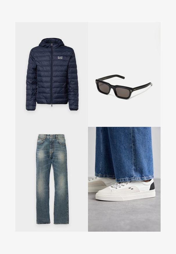 Navy puffer jacket with hood, featuring horizontal quilted sections, front zipper, and EA7 branding on the left chest area.; White cotton t-shirt featuring a round neckline and short sleeves, with a gold EA7 Emporio Armani logo printed on the front.; Blue denim jeans with a straight-leg cut, featuring faded areas, standard five-pocket design, and visible stitching along seams.; White and black sneakers with a smooth leather upper, textured accents, and a chunky white sole. Features a classic lace-up design.; Black rectangular sunglasses with dark lenses, thick plastic frame, gold accents on temples, and brand logo engraved on the arm.