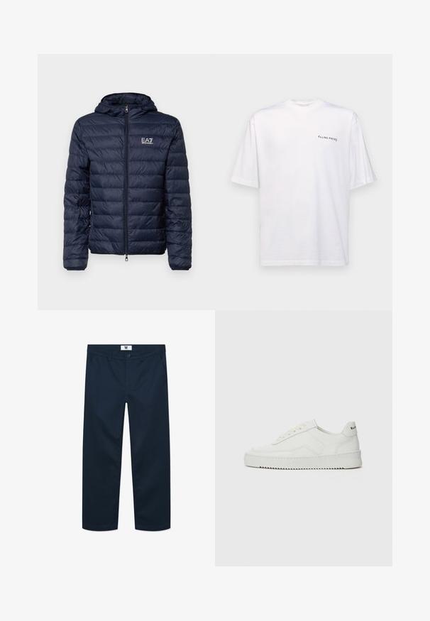 Navy puffer jacket with hood, featuring horizontal quilted sections, front zipper, and EA7 branding on the left chest area.; White short-sleeve t-shirt in cotton with a v-neck, featuring a black "FILLING PIECES" logo printed on the left side.; Navy blue cotton chinos with a straight cut, featuring a front button closure, two side pockets, and minimalist design.; White leather sneaker with a smooth finish, round toe, flat laces, and a textured sole. Features a subtle logo on the heel.