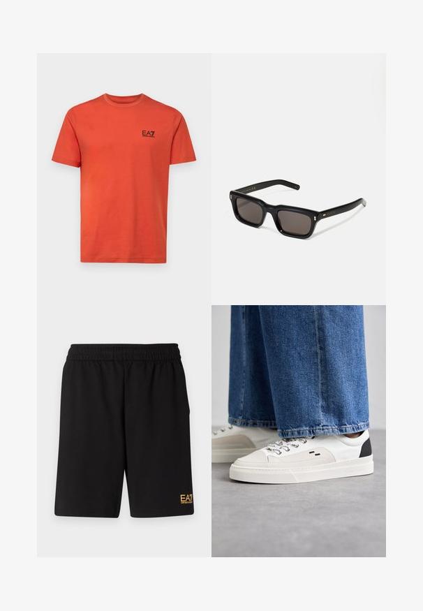 Tengerészeti pufferezett dzseki kapucnival, vízszintes steppeléssel, elöl cipzárral és EA7 logóval a bal mellkas területén.; EA7 Emporio Armani TRAIN CORE TEE - Nyomott mintás póló - summer fig; Fekete sportnadrág puha anyagból, rugalmas derékkal és egy kis sárga EA7 logóval a bal alsó lábszáron.; Fehér és fekete sportcipők sima bőrből készült felsőrésszel, texturált díszítésekkel és vastag fehér talppal. Klasszikus fűzős kivitel jellemzi.; Fekete téglalap alakú napszemüveg sötét lencsékkel, vastag műanyag keret, arany díszítések a szárakon, és a márka logója gravírozva a szára.