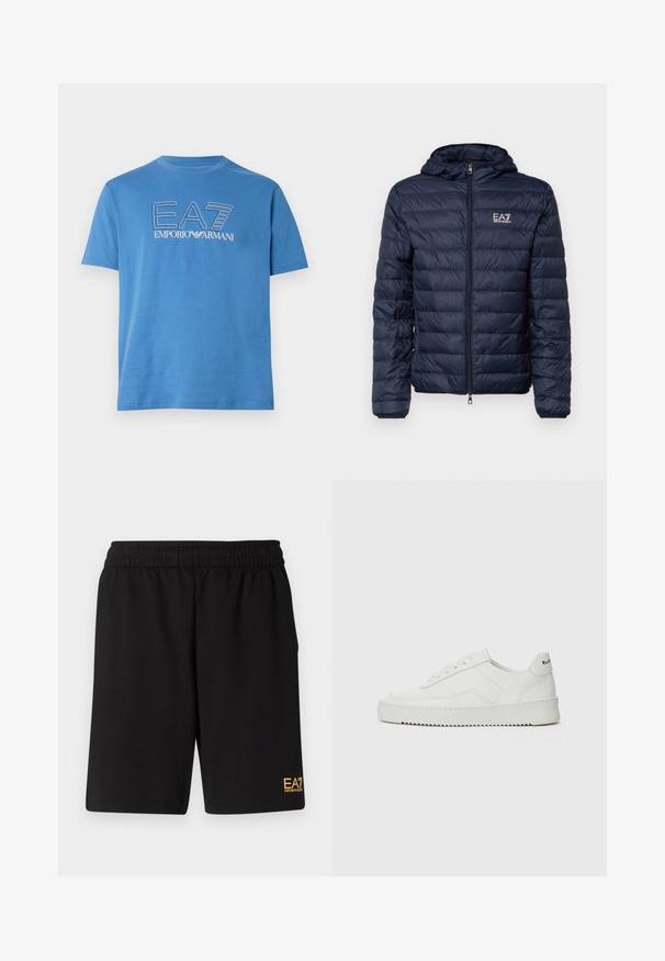 Casaco puffer azul-marinho com capuz, apresentando secções acolchoadas horizontais, fecho éclair frontal e a marca EA7 na área do lado esquerdo do peito.; T-shirt azul de manga curta com gola redonda, com o logótipo "EA7 Emporio Armani" impresso a branco e contornado no peito.; Calções desportivos pretos feitos de um tecido suave, com um cós elástico e um pequeno logótipo amarelo EA7 na parte inferior da perna esquerda.; Sapatilha de couro branco com acabamento suave, bico redondo, atacadores planos e uma sola texturizada. Apresenta um logotipo discreto no calcanhar.