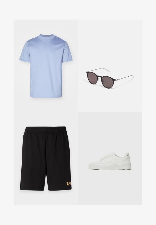 Tumesinine puffer-jakk kapuutsiga, millel on horisontaalsed tikitud sektsioonid, ees lukuga ja EA7 bränding vasakul rinnal.; Helebeež lühikeste varrukatega t-särk, kõrge ümmarguse kaelusega, valmistatud pehmest puuvillast. Omab puhta ja lihtsa disaini, ilma nähtavate logodeta.; Mustad mustad lühikesed püksid, mis on valmistatud pehmest kangast. Omavad elastset vöökohta ja väikest kollast EA7 logo vasakul jalal.; Valge nahast tennis, millel on sile põhi, ümar varvas, lamedad nöörid ja tekstuuriline tall. Sisaldab diskreetset logo kontsaribal.; Mustad mustad prillid tumedate läätsedega ja õhukeste metallist käepidemetega. Kaarja kujuga seljaosa ja hõbedased aktsendid hingel. Minimalistlik disain.