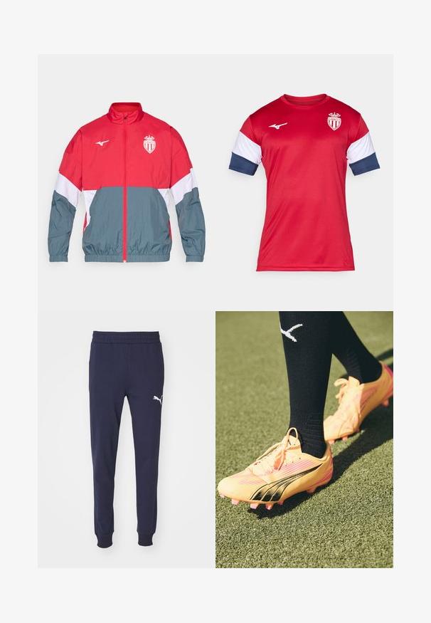 Punainen ja harmaa tuulitakki, jossa on etuvetoketju, joustavat hihansuut ja helma. Takissa on rintaosa logo ja värikäsittely.; Punainen urheilupaita lyhyillä hihoilla, jossa on valkoisia ja tummansinisiä yksityiskohtia. Rintamerkki, sileä pinta, valmistettu synteettisestä materiaalista.; Sininen collegehousut, joissa on joustava vyötärö, kapenevat lahkeet ja valkoinen Puma-logo vasemmassa reidessä. Liukas ja pehmeä kangas.; Kirjava keltainen jalkapallokenkä mustilla yksityiskohdilla ja vaaleanpunaisilla nappuloilla, jossa on tyylikäs muotoilu ja teksturoitu pinta. Kannan päällä mustat polvipituiset sukat.