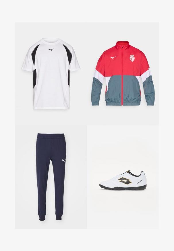 Červenošedá větruodolná bunda s předním zipem, pružnými manžetami a lemem. Obsahuje logo na hrudi a barevně členěný design.; Bílý tričko vyrobené z lehké tkaniny, s černými bočními panely a kontrastním prošíváním. Obsahuje malé logo na hrudi.; Námořnické modré tepláky s elastickým pasem, zúženými nohavicemi a bílým logem Puma na levém stehně. Hladký, měkký textilní povrch.; Bílé sportovní boty s černými a žlutými akcenty, s texturovaným svrškem, kulatou špičkou a černou gumovou podrážkou. Design zahrnuje detail loga na boku.