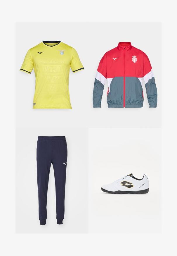 Sarkans un pelēks vējjakas mētelis ar priekšējo rāvējslēdzēju, elastīgu aproci un apakšu. Tam ir logo uz krūtīm un krāsu blokos veidots dizains.; Dzeltena īsām piedurknēm futbolbikses krekls ar V veida kakla izgriezumu, ar smalku rakstu un tumši ziliem akcentiem. SS Lazio logo kreisajā krūtī.; Tums ziloņu sporta bikses ar elastīgu jostu, sašaurinātiem svārkiem un baltu Puma logotipu kreisajā augšstilbā. Gluda, maiga auduma tekstūra.; Baltas sporta apavus ar melniem un dzelteniem akcentiem, ar teksturētu virsmu, apaļu purngalu un melnu gumijas zoli. Dizainā ir iekļauts logo elements sānos.