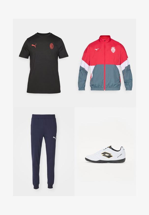 Rot und grau winddicht Jacke mit einem frontseitigen Reißverschluss, elastischen Bündchen und Saum. Mit einem Logo auf der Brust und einem mehrfarbigen Design.; Schwarz, kurzärmliges T-Shirt aus weichem Stoff. Verfügt über ein rotes Puma-Logo auf der linken Brust und ein rotes gesticktes Klubemblem auf der Vorderseite.; Marineblaue Sweatpants mit einem elastischen Bund, schmal zulaufenden Beinen und einem weißen Puma-Logo-Akzent am linken Oberschenkel. Glatte, weiche Stoffoberfläche.; Weiße Sportschuhe mit schwarzen und gelben Akzenten, ausgestattet mit einem strukturierten Obermaterial, runder Schuhspitze und einer schwarzen Gummisohle. Das Design beinhaltet ein Logodetail an der Seite.