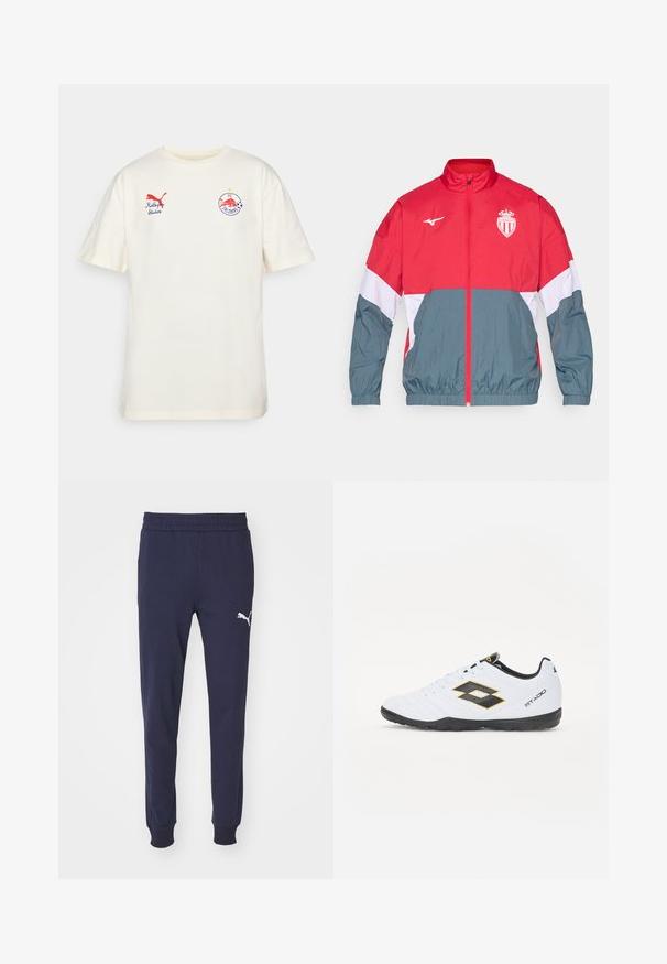 Raudona ir pilka vėjui atspari striukė su priekiniais užtrauktukais, elastingomis rankogaliais ir apačia. Puošia logotipas ant krūtinės ir spalvų blokavimo dizainas.; Kremo spalvos medvilninė trumpa rankovė marškinėliai. Priekinėje pusėje yra raudona Puma logotipas ir siuvinėti FC Salzburg herbas. Apvalus kaklas.; Tamsiai mėlynos sportinės kelnės su elastingu juosmeniu, siaurėjantys kojos, ir baltu Puma logotipu kairėje šlaunyje. Sklandžiai, švelniai audinio tekstūra.; Baltos sportinės bateliai su juodais ir geltonais akcentais, turintys tekstūruotą viršutinę dalį, apvalią nosį ir juodą guminius padus. Dizainas apima logotipo detalę šone.