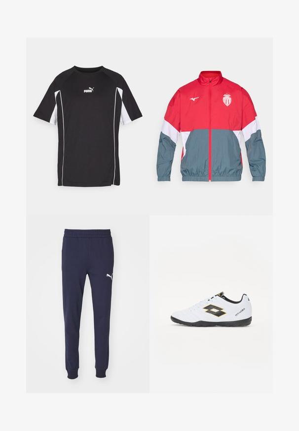 Punane ja hall tuulekindel jope, millel on esi tõmblukk, elastsed mansetid ja alläär. Sellel on rinna peal logo ja kahe värviga kujundus.; Mustmust riiet, millel on lühikesed varrukad, musta värvi, valgete aktsentidega ja logoga. Valmistatud kergest ja hingavast kangast.; Tumesinine dressipluus püksid elastse vööliistuga, kitsenevad jalad ja valge Puma logo aktsent vasakul reiel. Sile, pehme kangas.; Valged spordijalatsid mustade ja kollaste aktsentidega, millel on tekstuuriga pealisosa, ümmargune nina ja must kummist tallad. Disain sisaldab logo detaile külgedel.