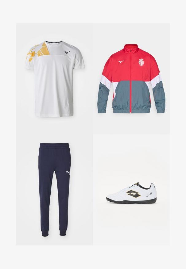 Rot und grau winddicht Jacke mit einem frontseitigen Reißverschluss, elastischen Bündchen und Saum. Mit einem Logo auf der Brust und einem mehrfarbigen Design.; Weißes Sport-T-Shirt mit einem geometrischen gelben Design auf einer Schulter, glatte Textur, runder Ausschnitt und Logo in Dunkelgrau.; Marineblaue Sweatpants mit einem elastischen Bund, schmal zulaufenden Beinen und einem weißen Puma-Logo-Akzent am linken Oberschenkel. Glatte, weiche Stoffoberfläche.; Weiße Sportschuhe mit schwarzen und gelben Akzenten, ausgestattet mit einem strukturierten Obermaterial, runder Schuhspitze und einer schwarzen Gummisohle. Das Design beinhaltet ein Logodetail an der Seite.